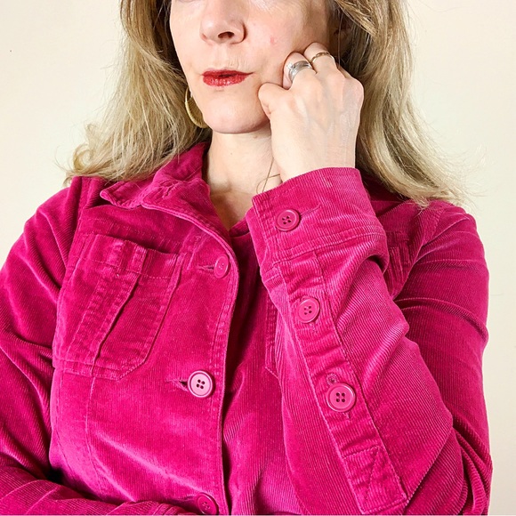 AC-3998 Fuchsia Corduroy Button Front Chest Pockets Jacket Size Medium - Picture 3 of 10